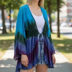 The Pyramid Collection Cardigan Kimono 2X Boho Tie Dye Multi Color Semi Sheer